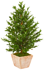 3.5â€™ Olive Cone Topiary Artificial Tree in White Planter UV Resistant (Indoor/Outdoor)