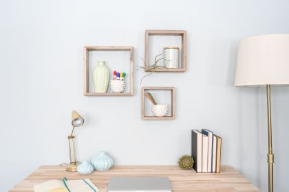 Set Of 3 Square Smoky Black Reclaimed Wood Open Box Shelve