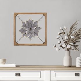 Wood Framed Gray Metal Flower Wall DÃ©cor
