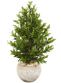 3â€™ Olive Cone Topiary Artificial Tree in Sand Stone Planter UV Resistant (Indoor/Outdoor)