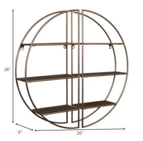 Two Piece Gold Metal and Wood Round Wall Shelf