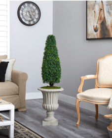 4â€™ Boxwood Tower Artificial Topiary Tree in Sand Finished Urn UV Resistant (Indoor/Outdoor)