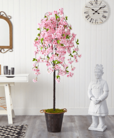 6' Cherry Blossom Artificial Tree in Decorative Metal Pail with Rope